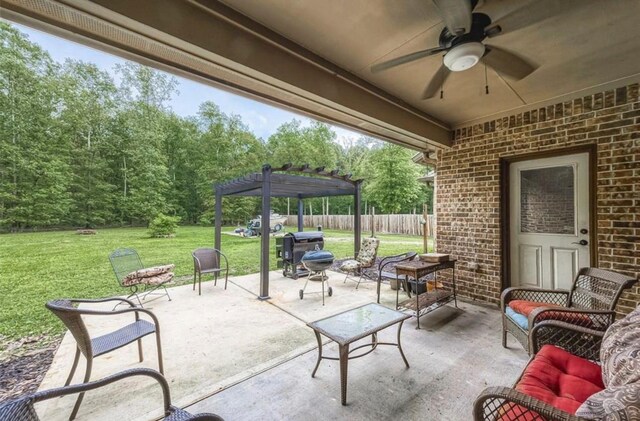 view of patio with a pergola, ceiling fan, and an outdoor living space