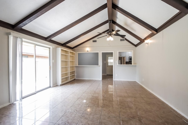 unfurnished living room featuring vaulted ceiling with beams, built in shelves, and ceiling fan