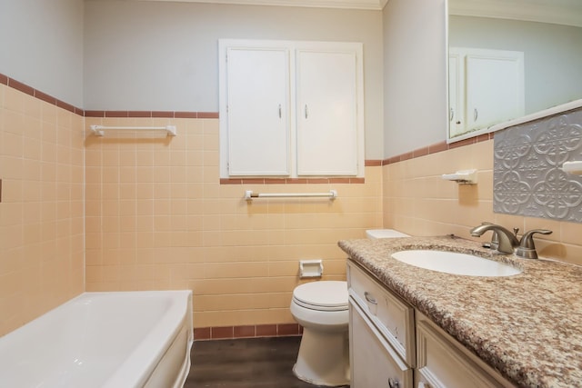 bathroom featuring a washtub, wood-type flooring, tile walls, and toilet