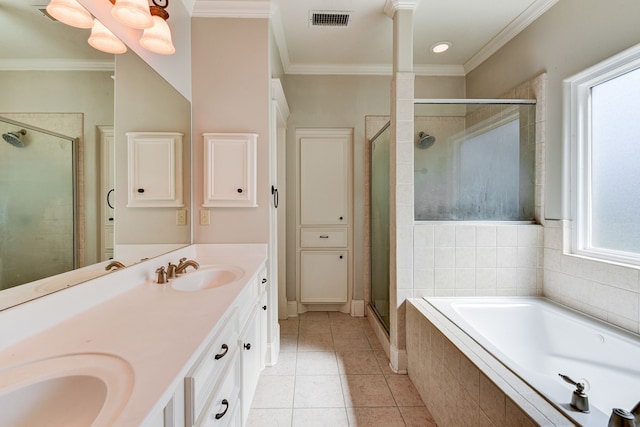 bathroom with vanity, independent shower and bath, crown molding, and tile patterned floors