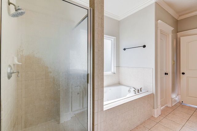 bathroom featuring separate shower and tub, ornamental molding, and tile patterned flooring