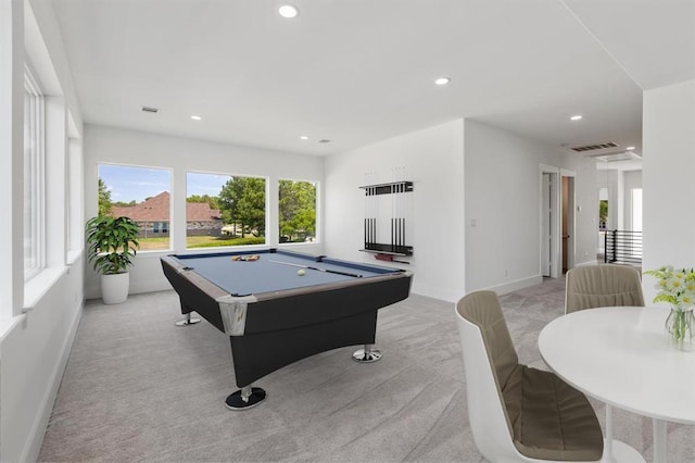 recreation room featuring billiards, baseboards, visible vents, recessed lighting, and light colored carpet