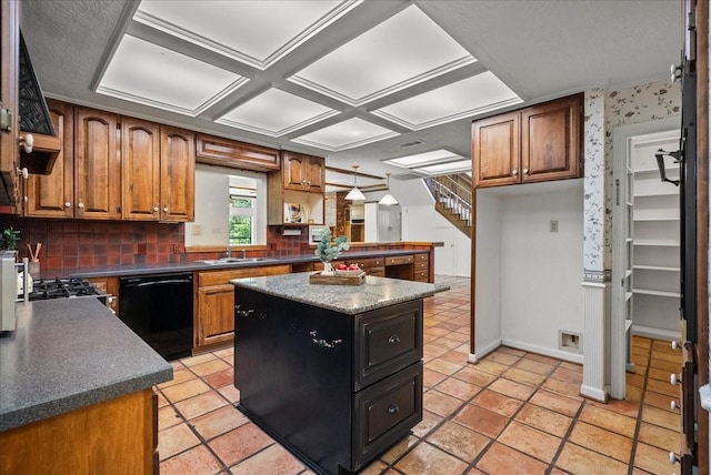 kitchen with a sink, brown cabinetry, dishwasher, and a center island