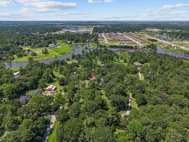 bird's eye view with a water view and a forest view