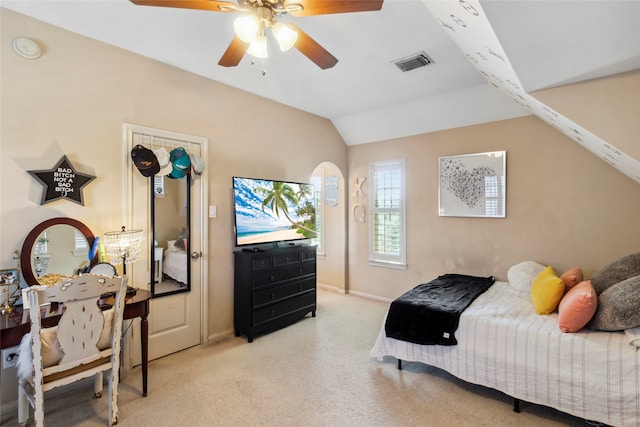 bedroom featuring ceiling fan and vaulted ceiling