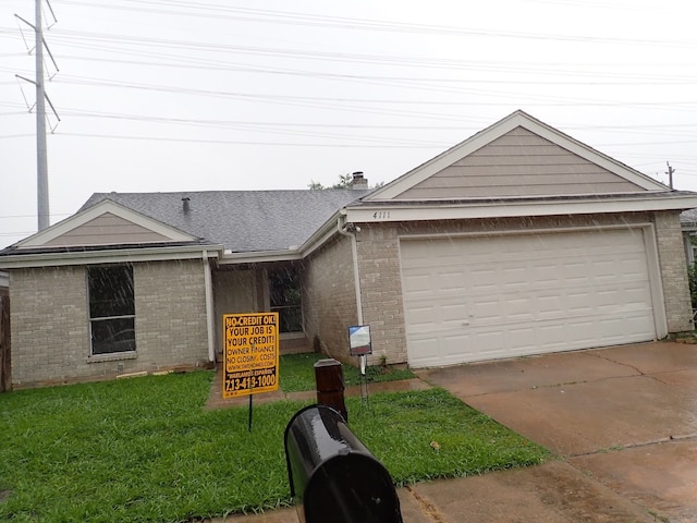 ranch-style home featuring a garage and a front lawn