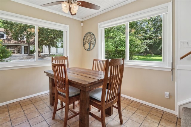 dining space with plenty of natural light, ceiling fan, and light tile floors