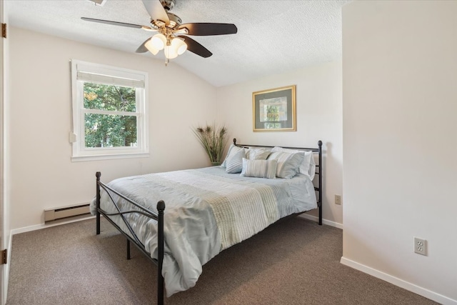 carpeted bedroom with ceiling fan, a textured ceiling, baseboard heating, and lofted ceiling