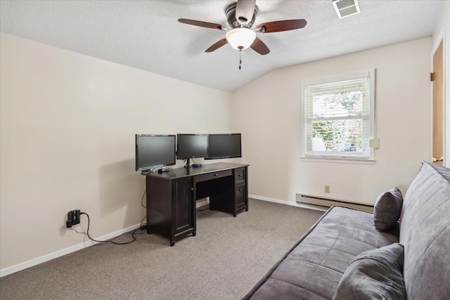 carpeted office featuring vaulted ceiling, a baseboard radiator, ceiling fan, and a textured ceiling