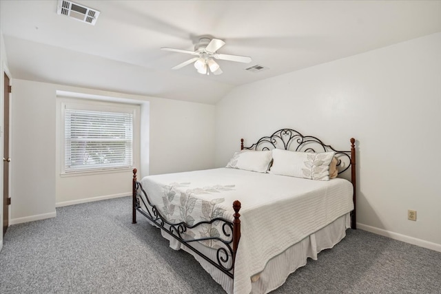 carpeted bedroom featuring lofted ceiling and ceiling fan