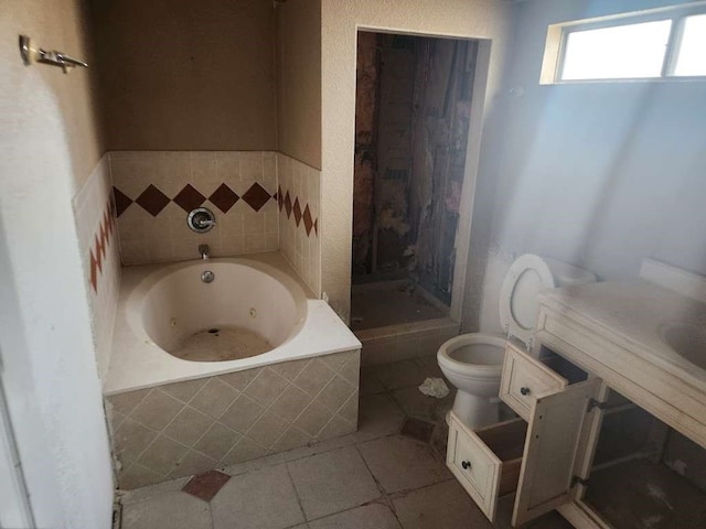 bathroom with tile flooring, separate shower and tub, and toilet