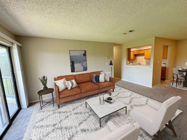 living room featuring light colored carpet and a textured ceiling