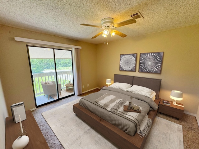 bedroom with ceiling fan, a textured ceiling, and access to outside