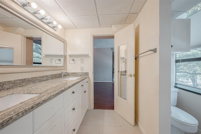 full bathroom with toilet, a wealth of natural light, a drop ceiling, and a sink