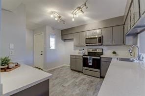 kitchen with gray cabinets, stainless steel appliances, rail lighting, and sink