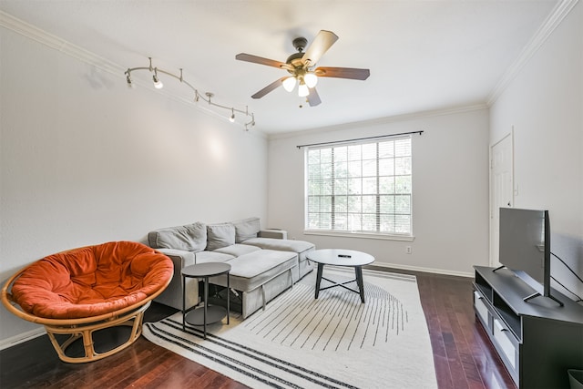 living room featuring crown molding, dark hardwood / wood-style flooring, and ceiling fan