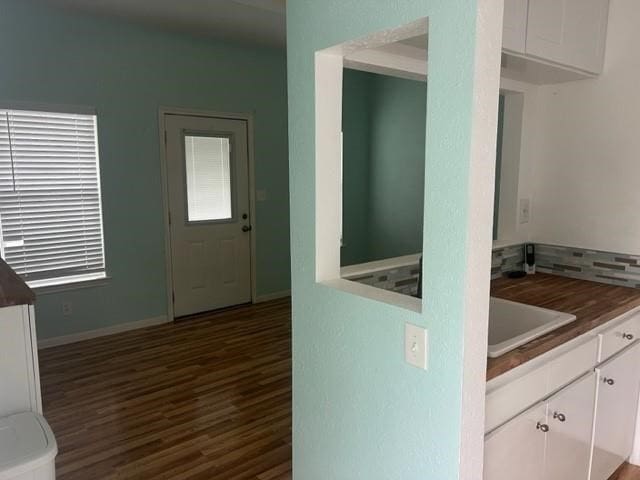 interior space featuring white cabinets, dark hardwood / wood-style flooring, and sink