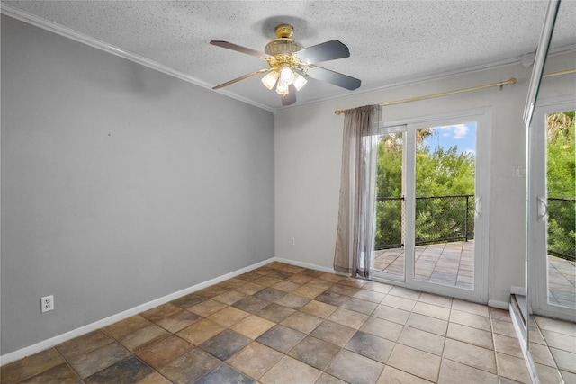 unfurnished room featuring a textured ceiling, ornamental molding, and ceiling fan