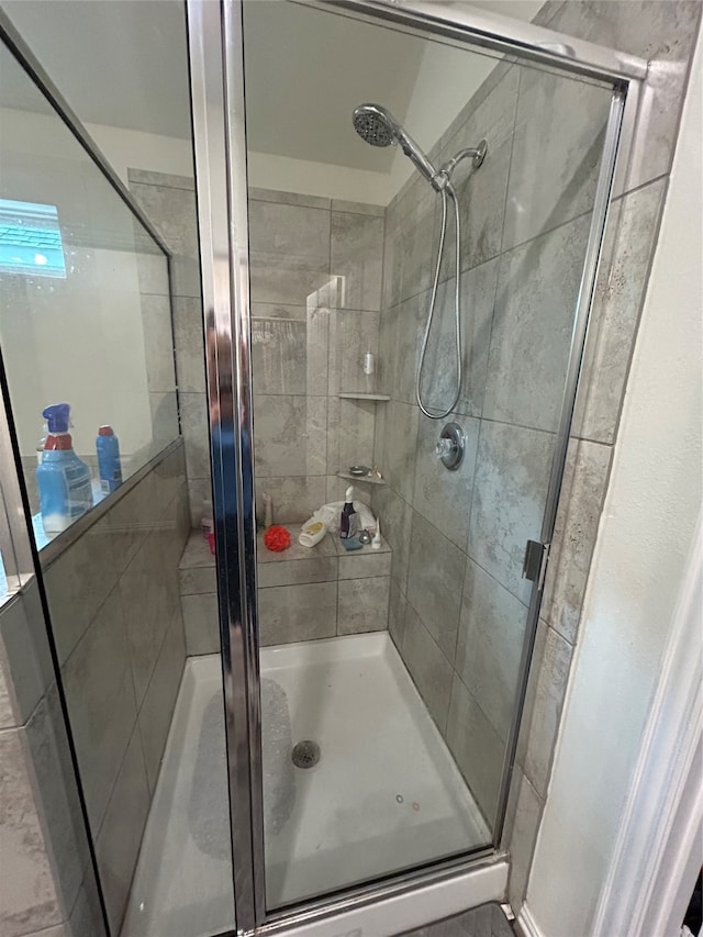 bathroom featuring a shower with door