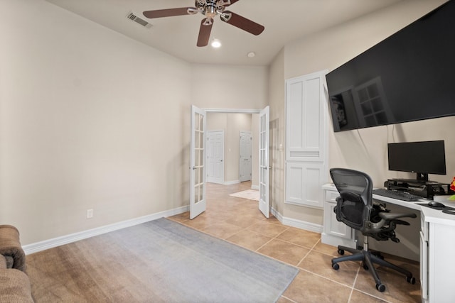 home office with ceiling fan, light tile patterned floors, and french doors