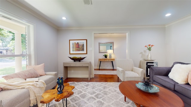 living room featuring a healthy amount of sunlight, wood-type flooring, and ornamental molding