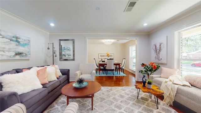 living room featuring hardwood / wood-style flooring and ornamental molding