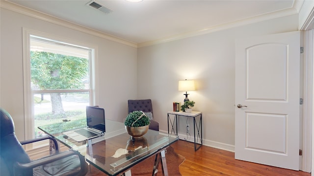 office featuring hardwood / wood-style flooring and ornamental molding