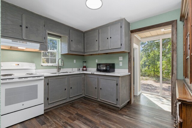 kitchen with dark wood-type flooring, premium range hood, a wealth of natural light, and electric stove