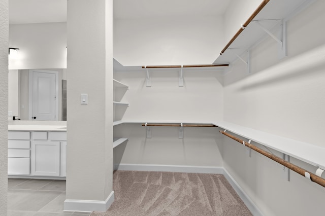 walk in closet with light carpet