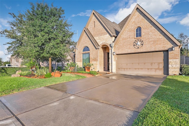 view of front of home with a garage and a front lawn