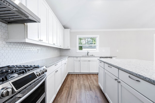 kitchen with crown molding, range with two ovens, exhaust hood, and tasteful backsplash