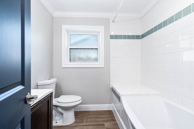 full bathroom with shower / washtub combination, hardwood / wood-style flooring, toilet, and vanity