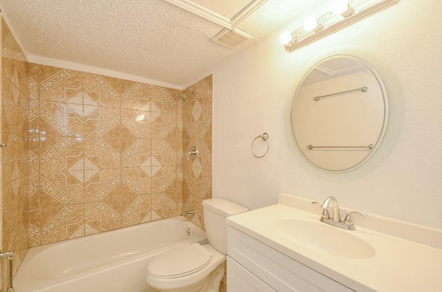 full bathroom with shower / tub combination, vanity, a textured ceiling, and toilet