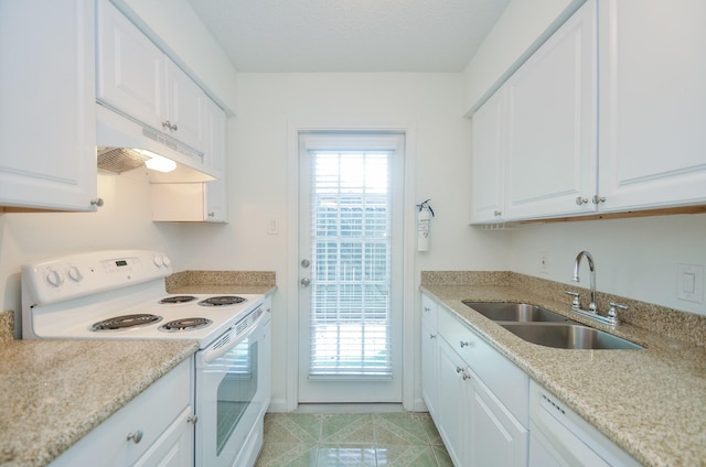 kitchen with white cabinetry, white range with electric stovetop, and sink