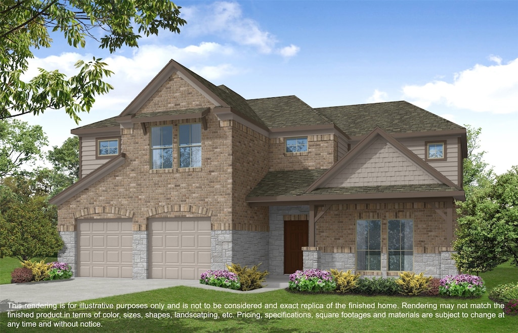 craftsman-style house featuring stone siding, brick siding, driveway, and an attached garage