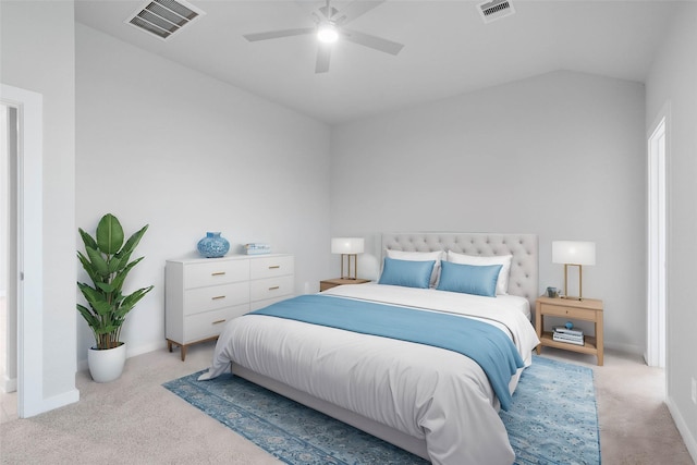 carpeted bedroom with ceiling fan and lofted ceiling