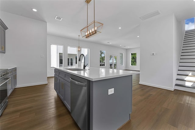 kitchen featuring pendant lighting, sink, gray cabinetry, stainless steel appliances, and an island with sink