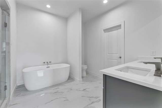 full bathroom featuring dual vanity, separate shower and tub, toilet, and tile floors