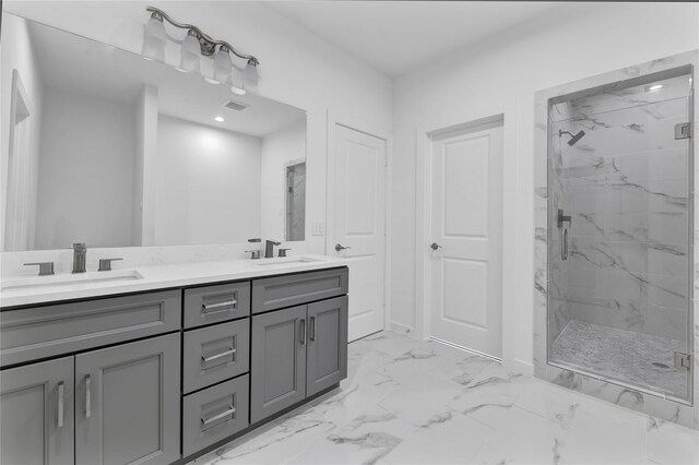 bathroom featuring dual bowl vanity, tile flooring, and an enclosed shower