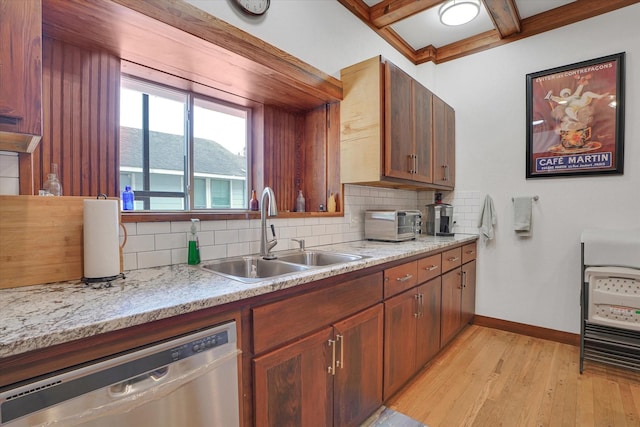 kitchen with dishwasher, sink, light hardwood / wood-style flooring, decorative backsplash, and beamed ceiling