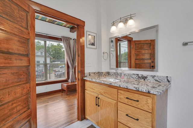 bathroom with hardwood / wood-style floors and vanity