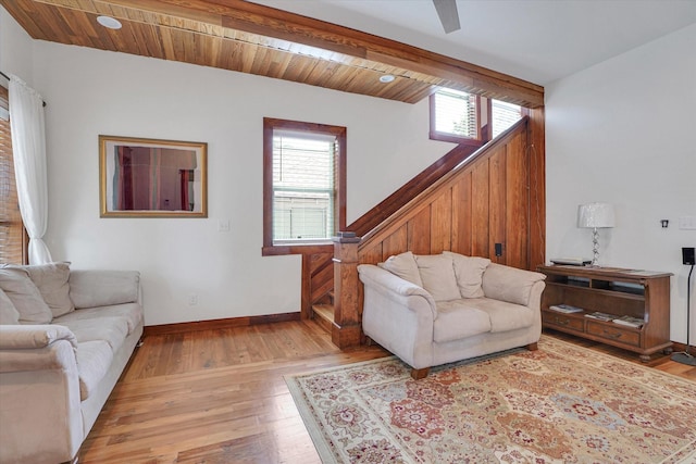 living room with light hardwood / wood-style flooring and wooden ceiling