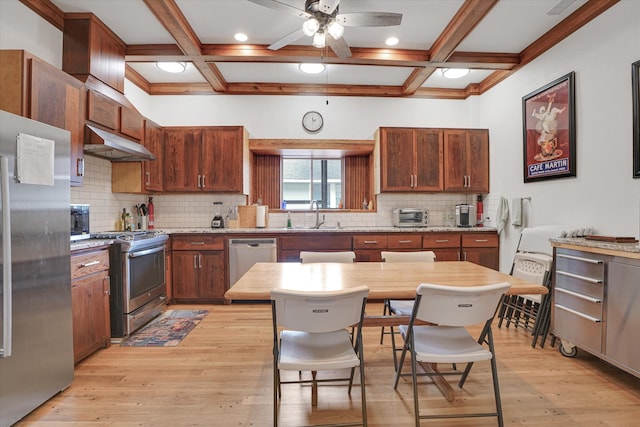 kitchen with sink, light wood-type flooring, coffered ceiling, and appliances with stainless steel finishes