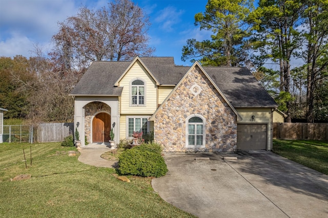 view of front of house with a garage and a front lawn