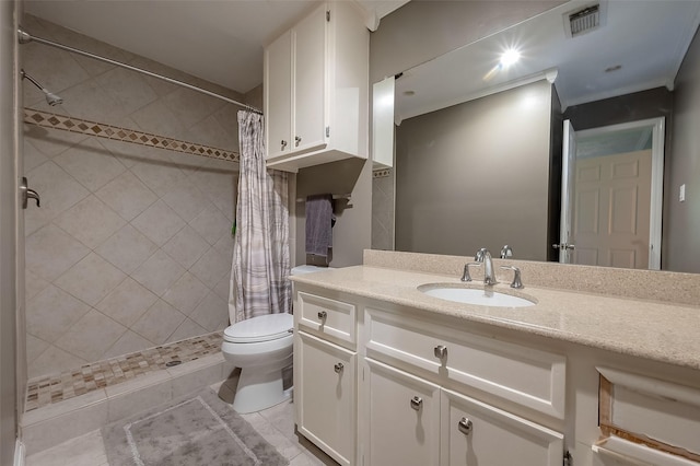 bathroom featuring tile patterned flooring, toilet, vanity, and walk in shower