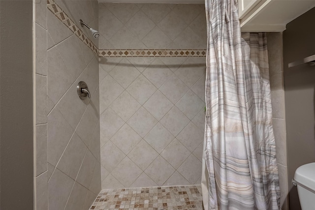 bathroom featuring a shower with curtain and toilet