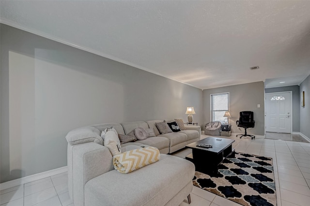 living room featuring light tile patterned floors and ornamental molding