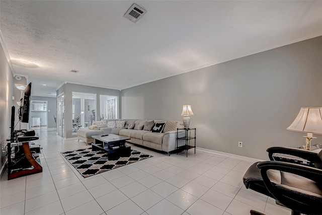 tiled living room with crown molding and a textured ceiling