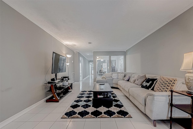 tiled living room with a textured ceiling and crown molding