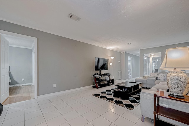 tiled living room featuring a textured ceiling and crown molding